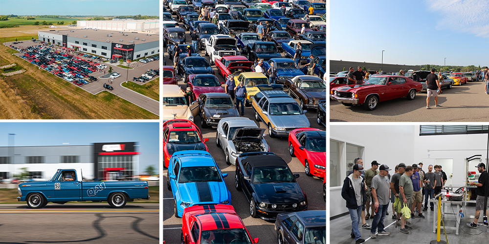 Photo collage of the QA1 open house showing muscle cars packed into the parking lot